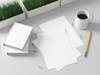 Paper clean mockup with pencil on table 3d rendering