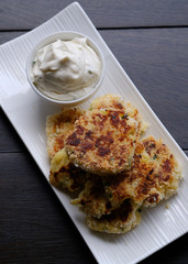 Close up Homemade   Potato Cakes with Cream Cheese Dips. (selective Focus)