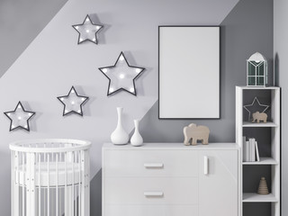 Round crib with frame mockup in child modern room 3d rendering