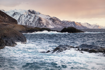 Seascape during sunrise. Beautiful natural landscape on the seashore