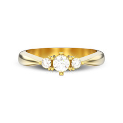 3D illustration isolated yellow gold three stone diamond ring with shadow