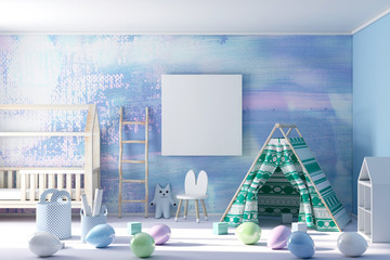 Poster frame mockup on wall in stylish child room witt toys and playning wigwam 3d rendering © radmila85