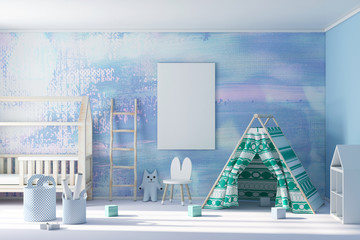 Beautiful modern new child design, playning wigwam, poster frame on wall 3d rendering © radmila85