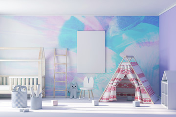 Child stylish bedroom, poster canvas frame mockup 3d rendering