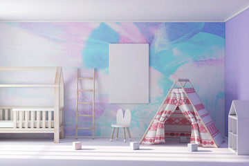 Poster frame mockup in child room with new wigwam 3d rendering