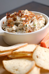 Close up Homemade    Caramelized Onion, Crab and Bacon Dip. (selective Focus)