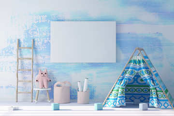 Canvas frame mockup in modern child room 3d rendering © radmila85