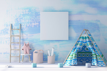Canvas frame mockup in modern child room 3d rendering © radmila85
