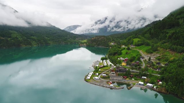 Beautiful Nature Norway Aerial view of the campsite to relax.