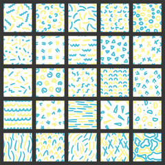 Set of hand drawn ink seamless patterns. Endless vector backgrounds of simple primitive textures with dots, stripes, waves.