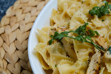 Close up Homemade   Chicken Alfredo Pasta. (selective Focus)