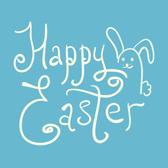 White handwritten Happy Easter logotype with funny rabbit on blue background. Cute comic lettering Happy Easter with outline doodle hare for greeting card, spring holiday invitation design