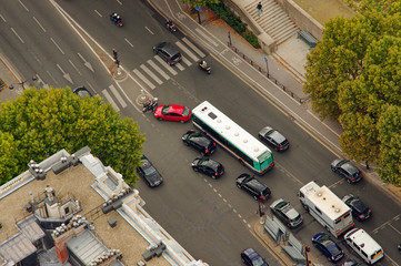 cars in busy intersection. aerial view