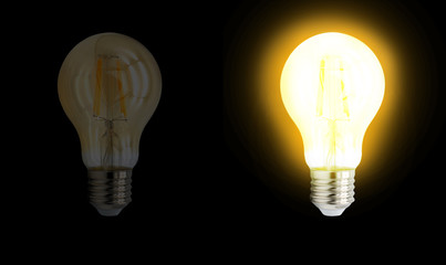 Electric light bulb, turn on and turn off on the black background