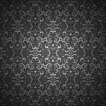 Vintage black background with silver lace pattern 