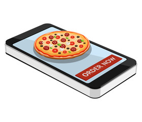 Order pizza using smartphone or tablet. Order pizza online. Pizza and smartphone isolated on white background.