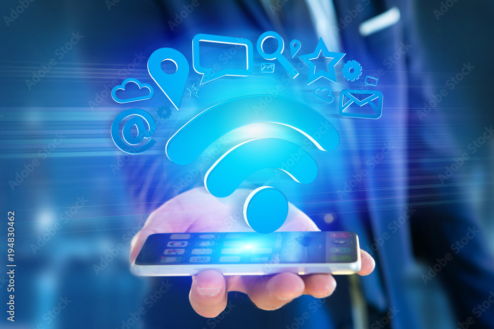Poster wifi symbol connection surrounded by multimedia and internet application logo - 3d rendering