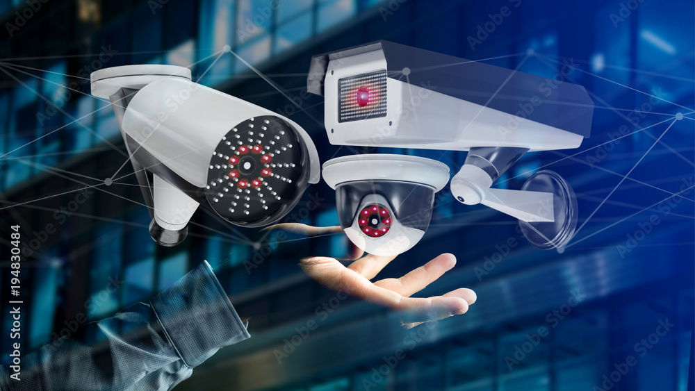 Poster businessman holding a security camera system and network connection - 3d rendering