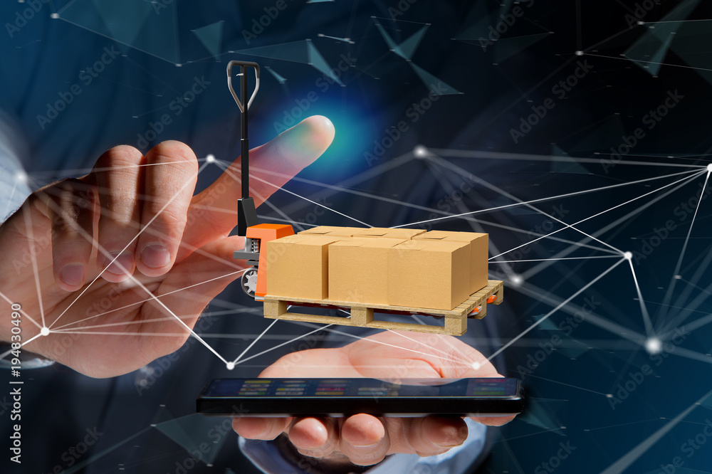 Poster pallet truck and carboxes with network connection system - 3d render