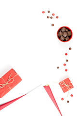 Chocolate sweets, gift box flat lay. Feminine background, Women's Day concept.