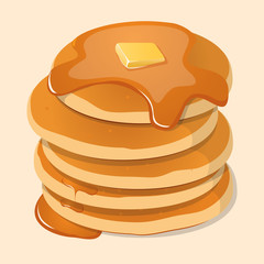 Vector illustration. Fresh tasty hot pancakes with sweet maple syrup. Cartoon icon isolated on background. Vintage restaurant sign.