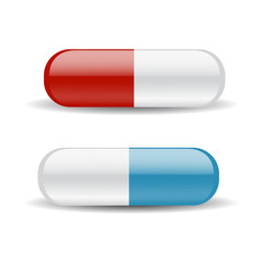 Vector illustration. Blue and red medicine pills, icon.