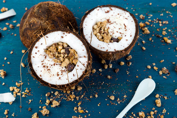 Healthy breakfast in coconut bowl.