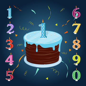 Happy birthday cake with candles numbers for each year. Vector illustration. A set for a birthday party.