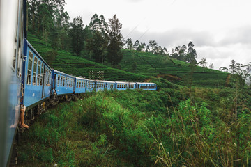 Blue train running through mountain forest