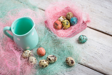  Painted Easter eggs on old boards , Easter background