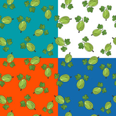 Set of four Seamless Fruit Patterns ,Berry Gooseberry on White Green Orange and Blue Background, Vector Illustration