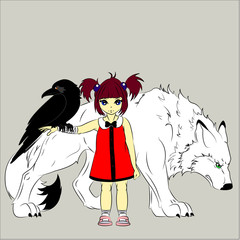 fantasy vector illustration , child, crow, wolf