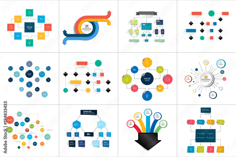 Poster fowcharts schemes, diagrams. mega set. simply color editable. infographics elements.