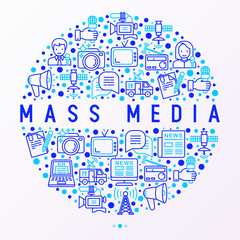 Mass media concept in circle with thin line icons: journalist, newspaper, article, blog, report, radio, internet, interview, video, photo. Modern vector illustration for banner, print media, web page.