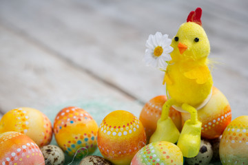  Painted Easter eggs on old boards , Easter background