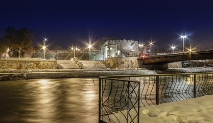 Fortress of Nis and river Nisava at winter night
