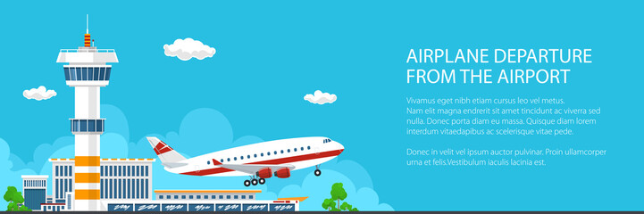 Banner of Airplane Takes Off from the Airport, Control Tower and Airplane on the Background of the City, Travel and Tourism Concept , Passenger Air Transportation, Vector Illustration - obrazy, fototapety, plakaty