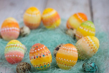  Painted Easter eggs on old boards , Easter background