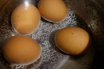 eggs are boiled in pan close up