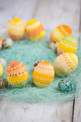  Painted Easter eggs on old boards , Easter background