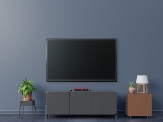 Smart TV in live room and dark wall ,3D rendering