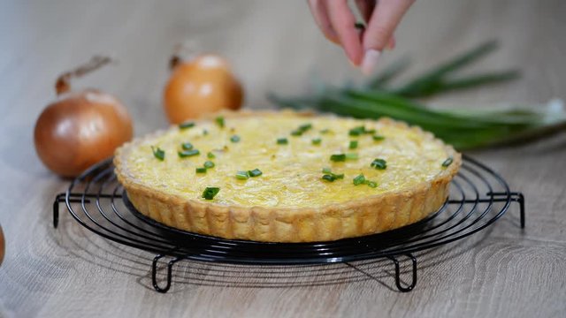 French tart with onions and cheese, food closeup