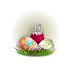Element for design with a rabbit Easter eggs and grass