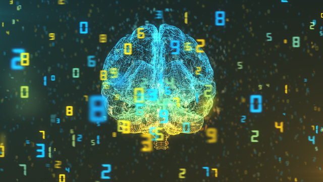 Digital computer brain 3D render floating in front view with numerical information background illustrating the concepts of Big Data and artificial intelligence