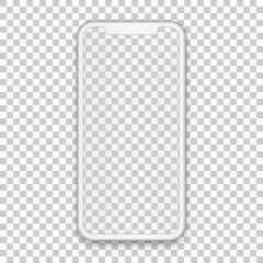 White mobile concept with empty screen for any application design and backdrop, phone template isolated on transparent background. High quality vector illustration in 3d style.