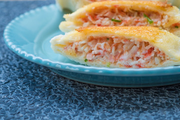 close up Home Made Grilled Crab Stick and Ebiko Sandwiches.(selective Focus)