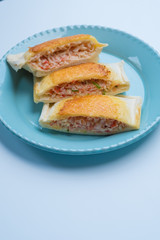 close up Home Made Grilled Crab Stick and Ebiko Sandwiches.(selective Focus)