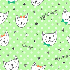 hand drawn spring cats pattern, cute vector seamless texture
