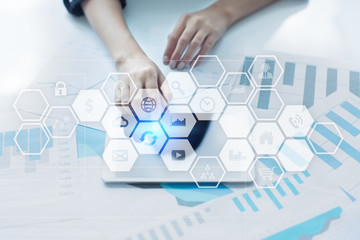 Virtual screen interface with applications icons. APPS. Strategy planning Internet technology concept.
