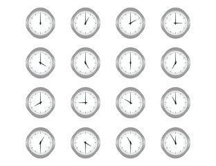 Set of clocks for every hour on the white background. Vector flat illustration
